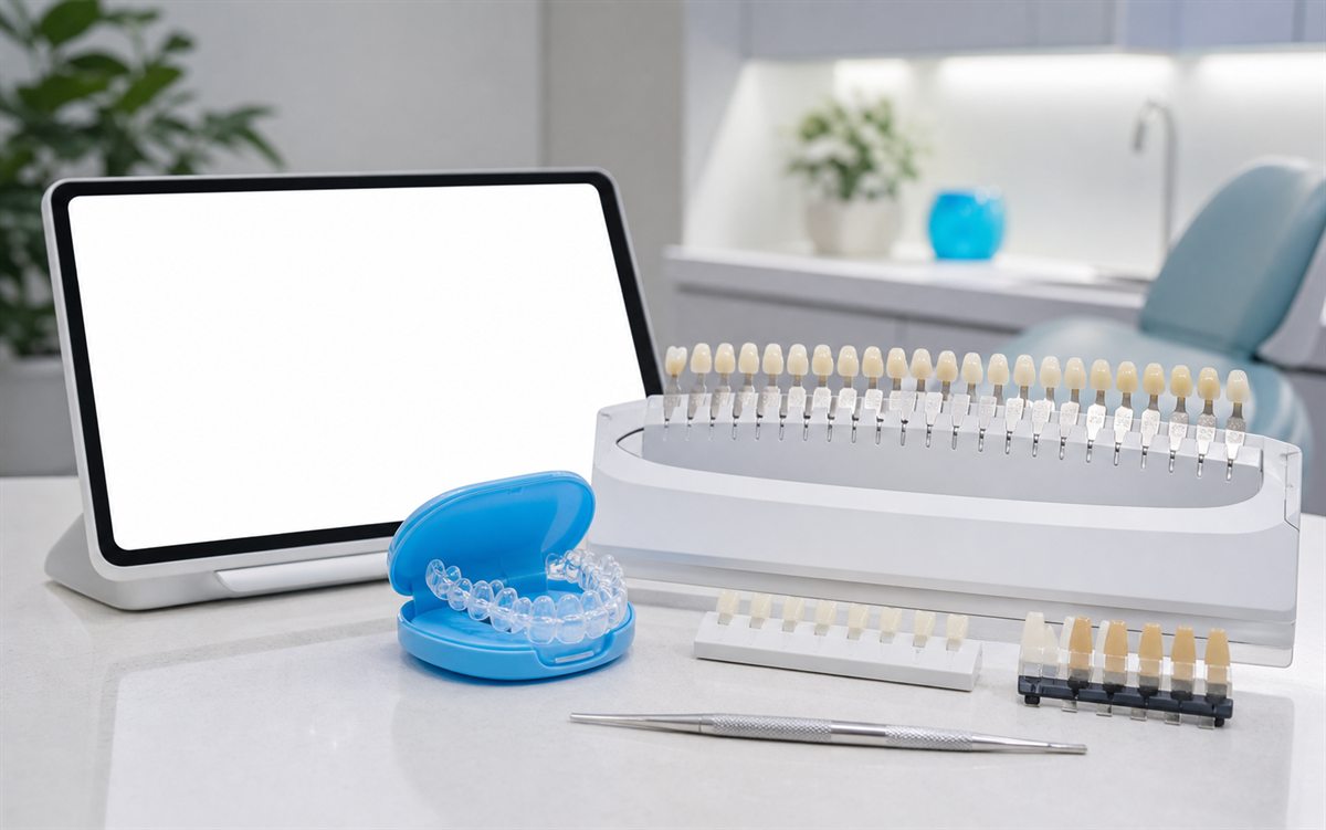 Dental shade guide and clear aligner tray used for smile planning