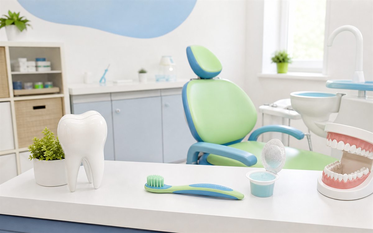 Child-friendly dental room with toothbrush and tooth model for kids dental care