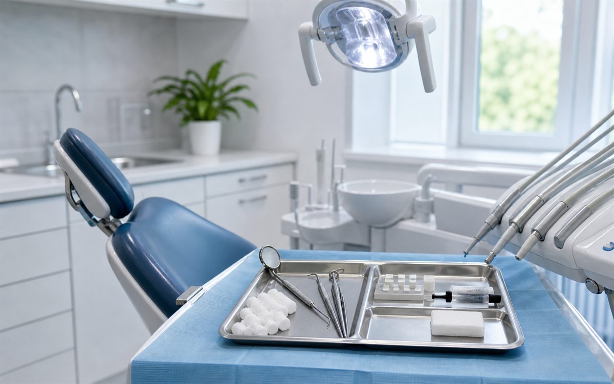Prepared dental treatment room and emergency tray for urgent tooth pain care