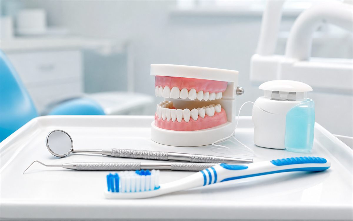 Dental check-up and teeth cleaning instruments with a clean teeth model