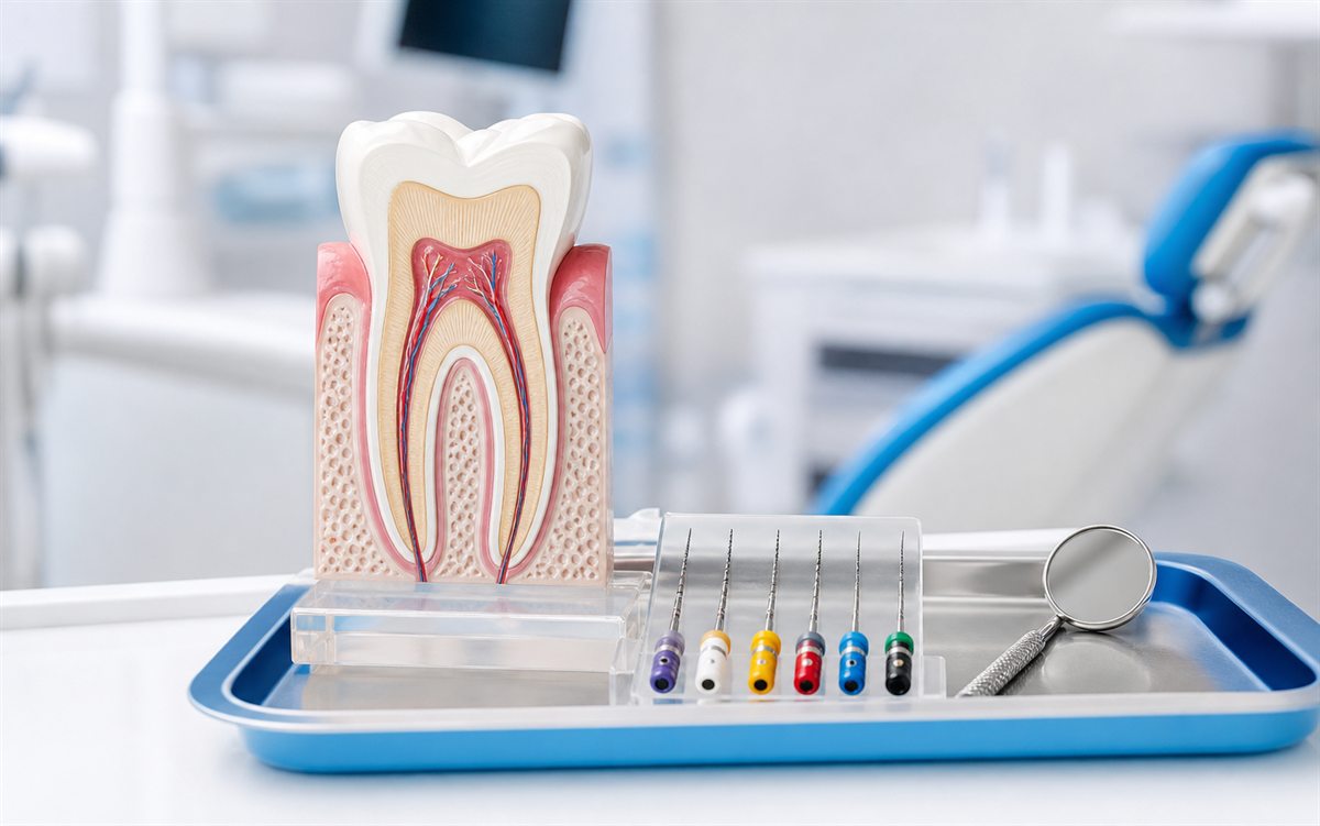 Root canal tooth model with endodontic files prepared for tooth-saving care